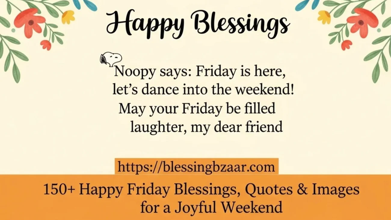 Colorful graphic with cheerful text wishing a happy Friday blesings, featuring festive elements like balloons and confetti.