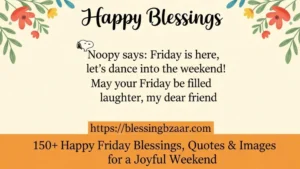 Colorful graphic with cheerful text wishing a happy Friday blesings, featuring festive elements like balloons and confetti.