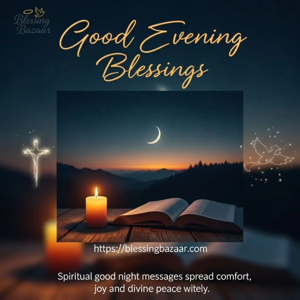 A serene evening scene with warm colors and the text "Good Evening Blessings" elegantly displayed.