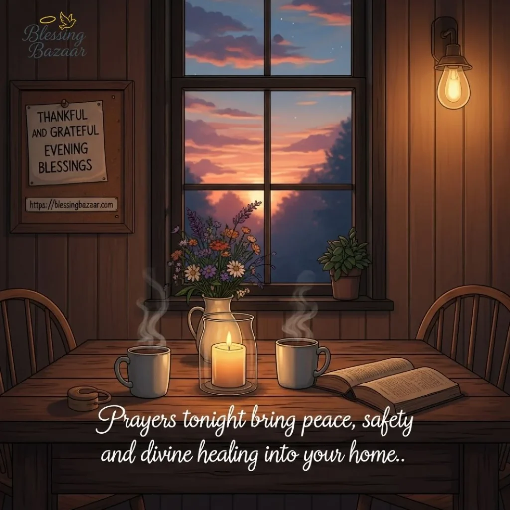 An image representing nighttime prayer, evoking feelings of peace, safety, and healing within a comforting home environment.