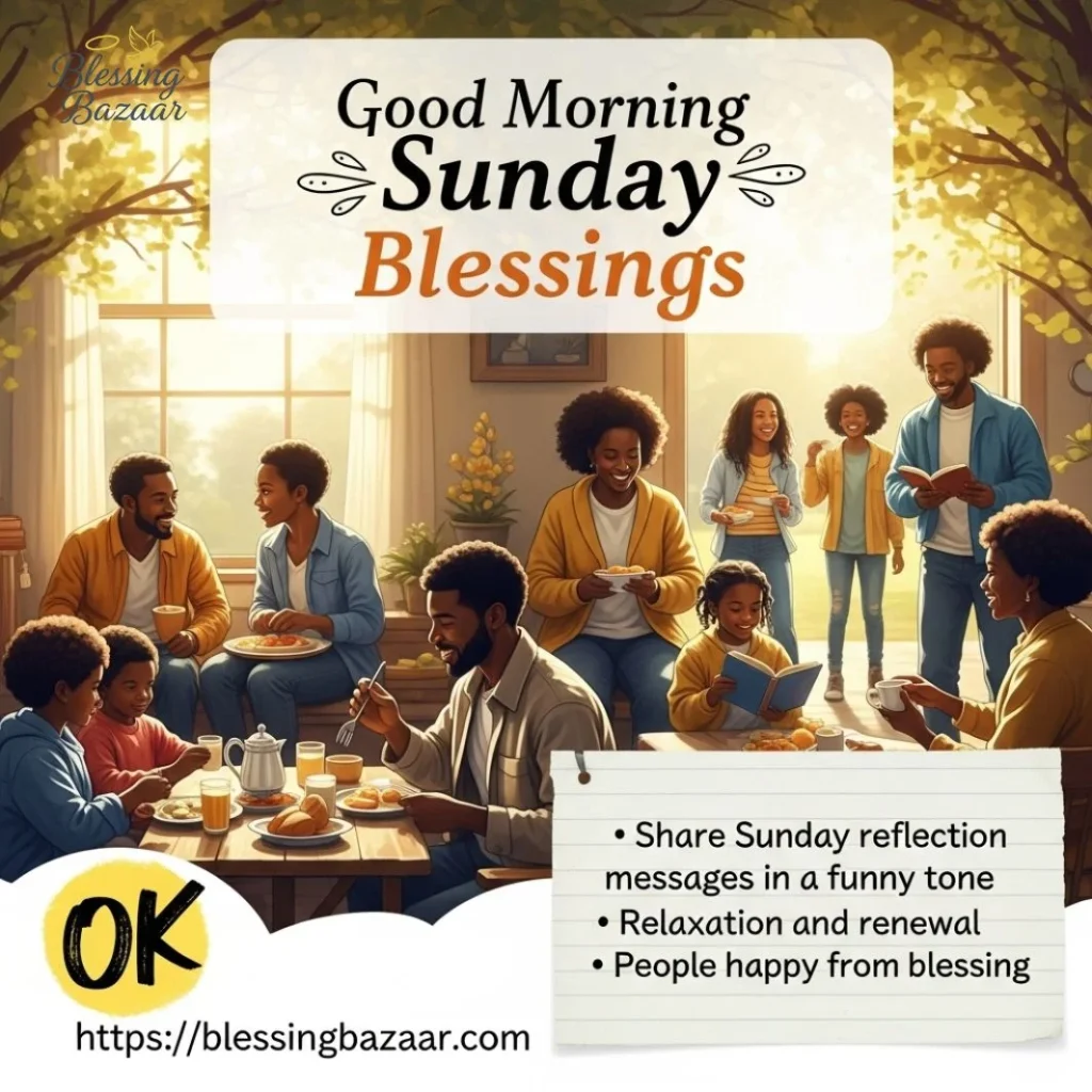 A serene morning scene with the text "Good Morning Sunday Blessings" in elegant script over a soft sunrise background.