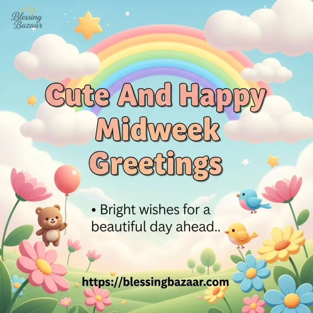 A vibrant illustration with the words "Cute Midweek Greetings" surrounded by cheerful icons and bright colors.