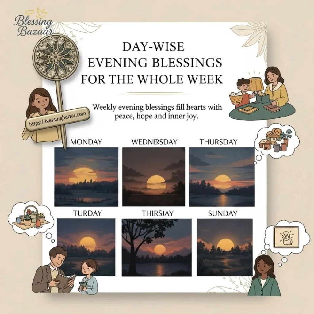Weekly evening blessings displayed in a colorful format, organized by day for easy reference and inspiration.