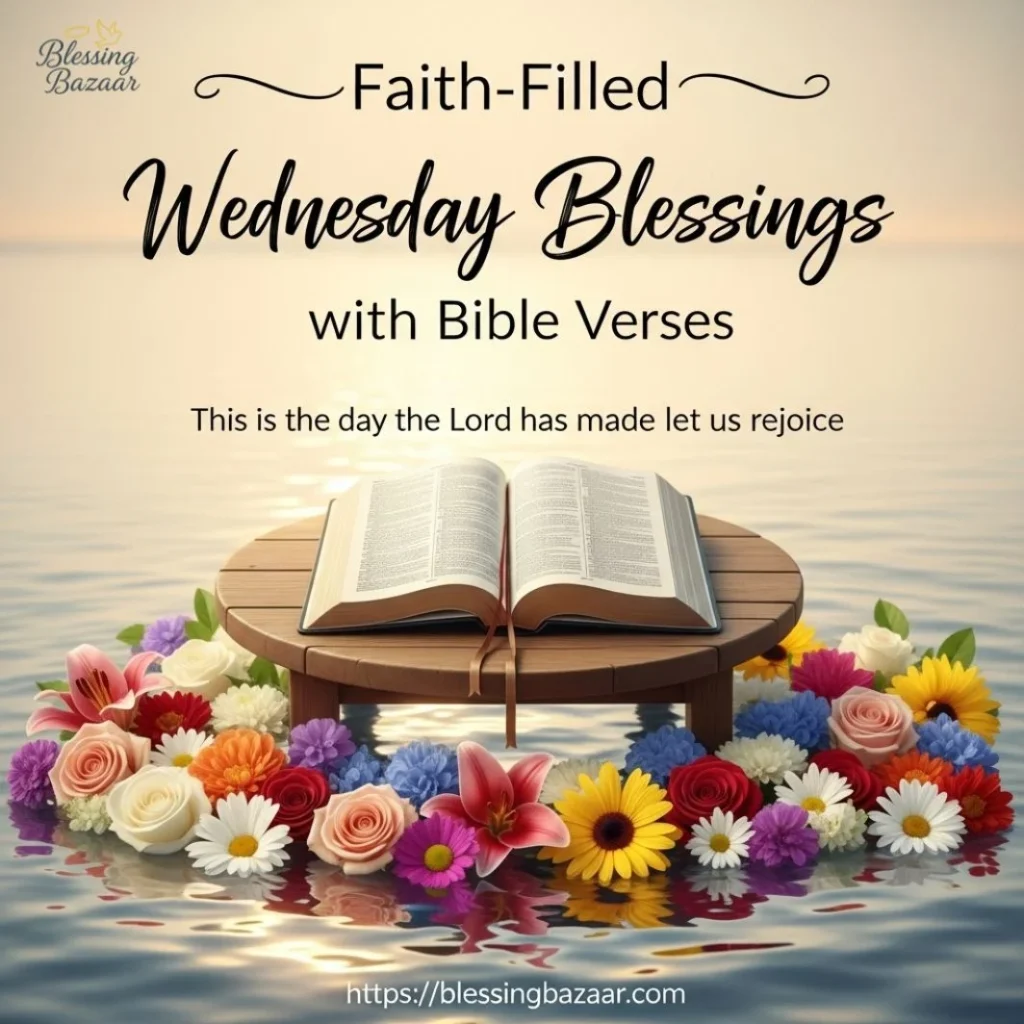 Image displaying uplifting Bible verses with the caption "Faith-filled Wednesday blessings" in a vibrant design.