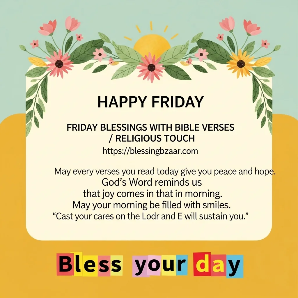 Happy Friday blessing graphic featuring blessings and Bible verses, conveying joy and positivity for the end of the week