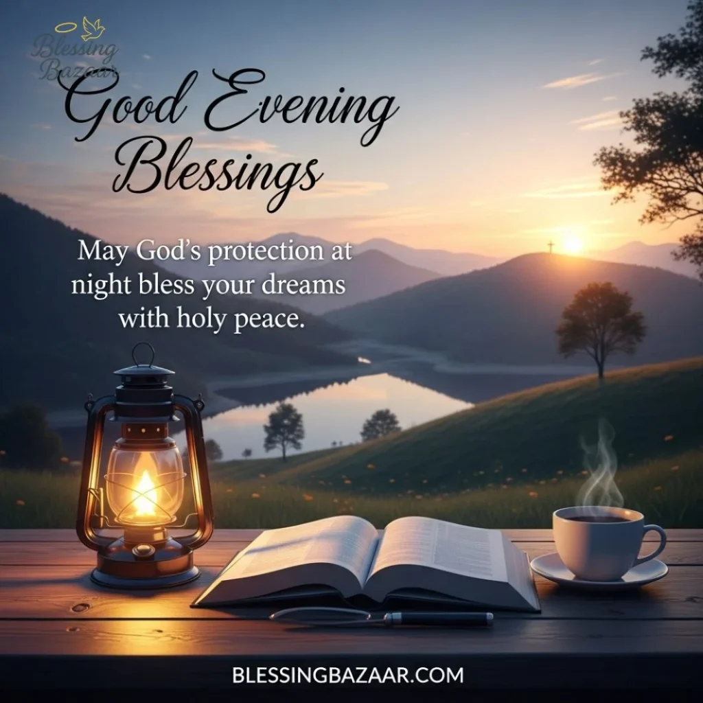 A serene evening scene with the text "Good Evening Blessings" elegantly displayed against a calming background.