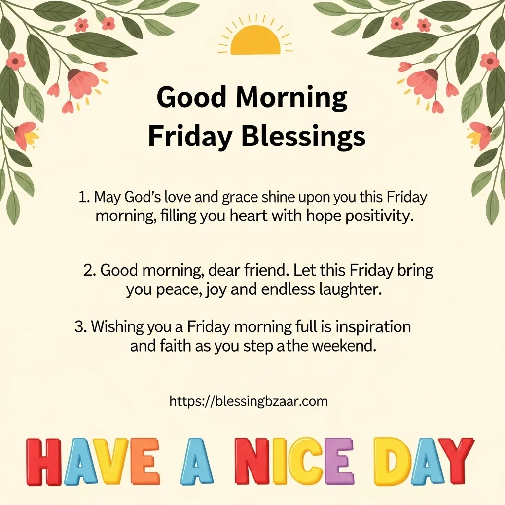 A cheerful graphic displaying the text "Happy Friday Blessings" with vibrant colors and festive design elements.