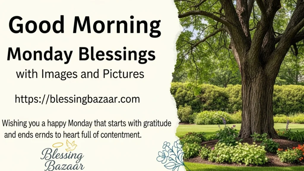 A serene morning scene with the text "Good Morning Monday Blessings" overlaying a sunrise background.