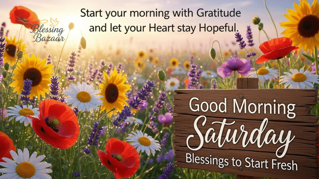 A cheerful graphic wishing a good morning Saturday blessings, featuring bright colors and uplifting text.