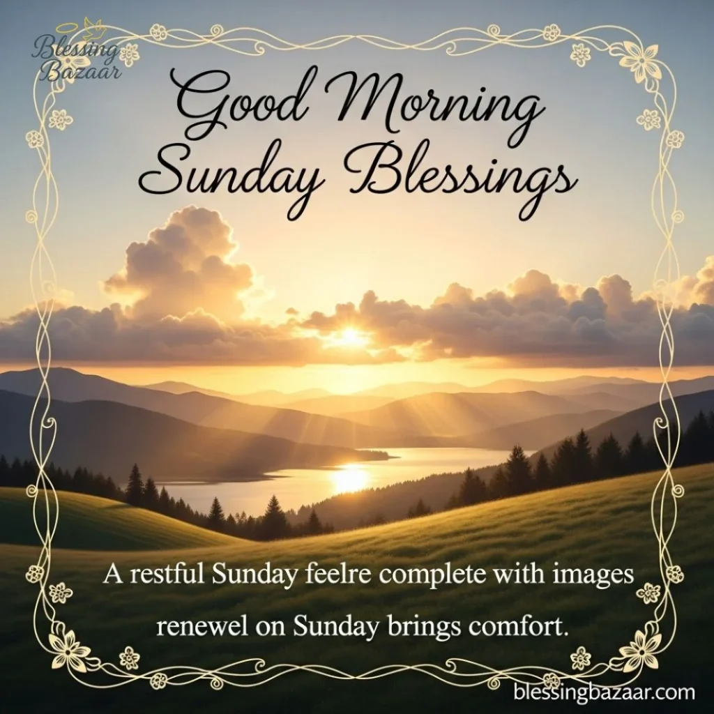 A peaceful sunrise image featuring the phrase "Good Morning Sunday Blessings" in a stylish script, evoking tranquility.