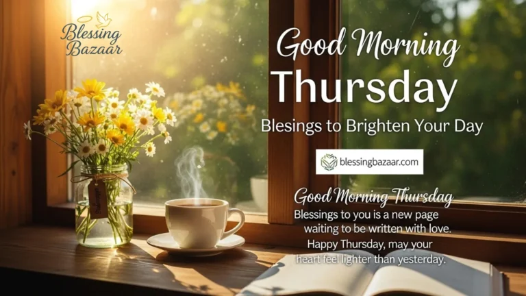 Good Morning Thursday Blessings to Brighten Your Day A cheerful greeting image with the text "Good Morning Thursday BLESSINGS" in bright, bold letters against a sunny background.