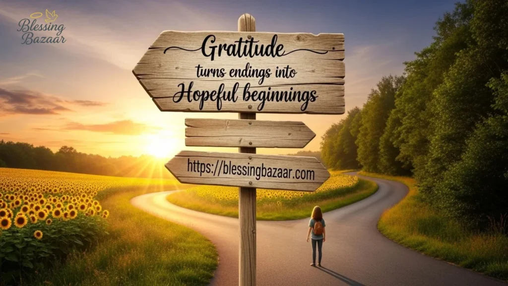 Inspirational quote: "Gratitude is the new hope for happy beginnings" over a calming landscape of dawn and blooming flowers.