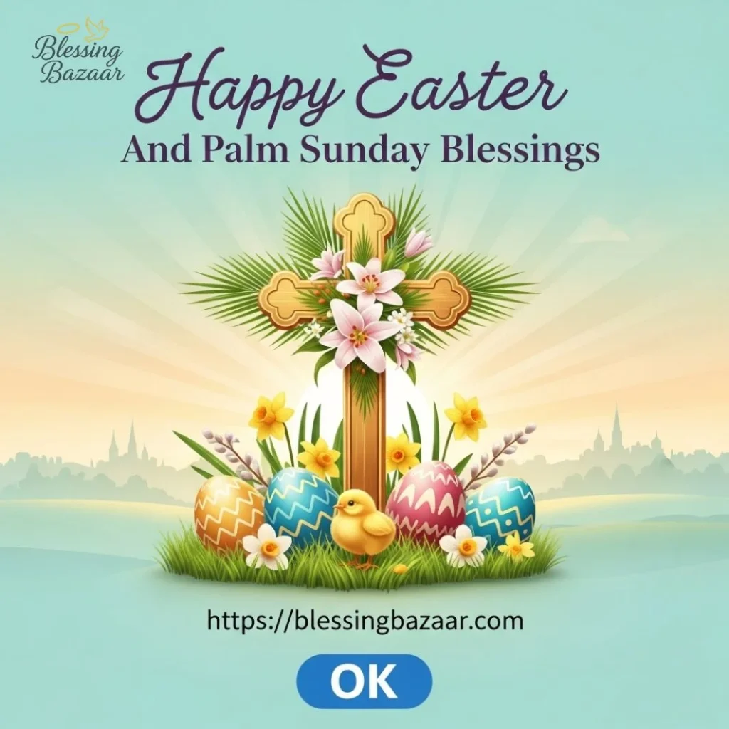 Colorful Easter and Palm Sunday greeting card with floral designs and the text "Happy Easter and Palm Sunday Blessings."