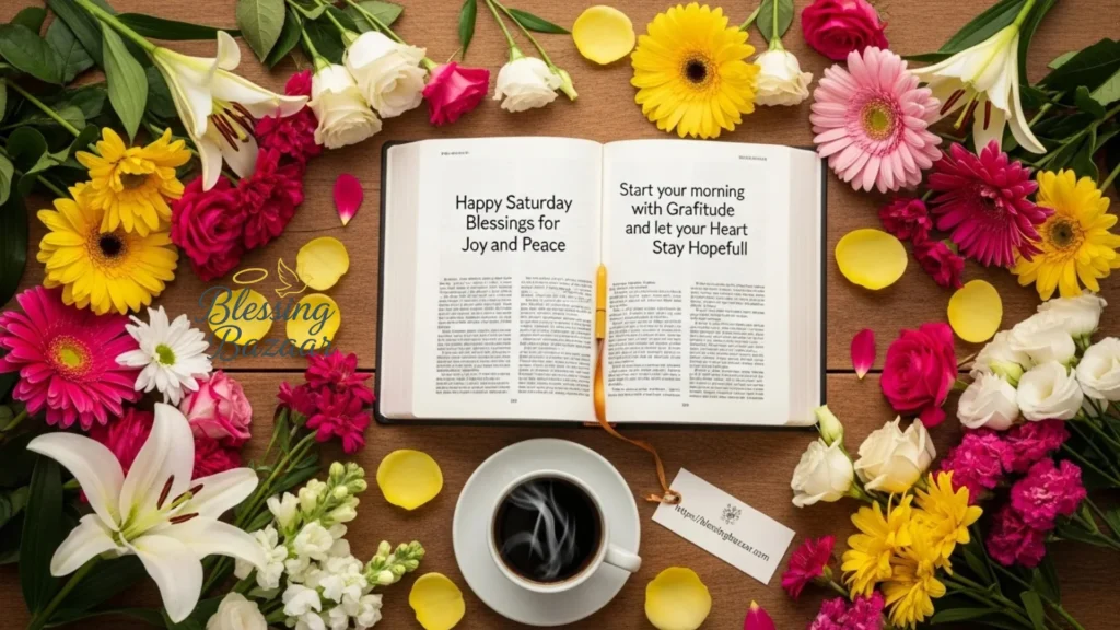 A wooden table saturday blessings displays an open Bible, a steaming cup of coffee, and a bouquet of flowers, inviting peaceful reflection.