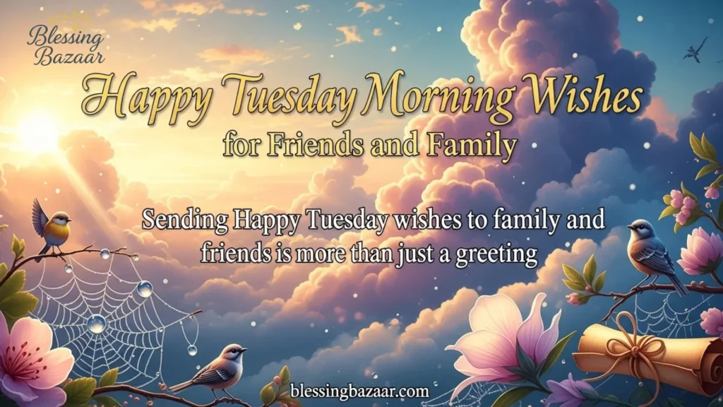 Joyful illustration expressing happy Tuesday morning blessings greetings for friends and family, adorned with colorful elements and text.