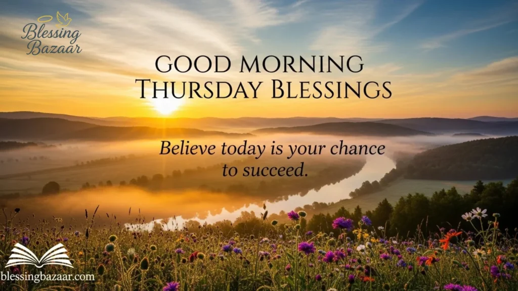 Inspirational text "Good Morning Thursday Blessings" displayed against a tranquil morning landscape with warm c