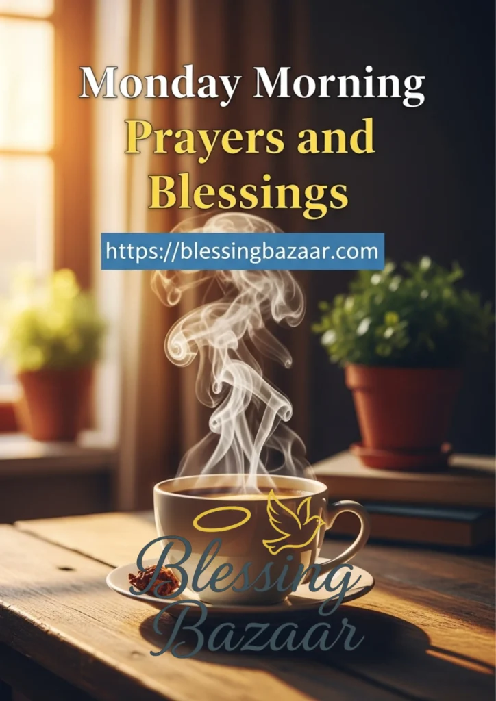 A peaceful setting with hands clasped in prayer, surrounded by soft light, representing Monday morning prayers and blessings