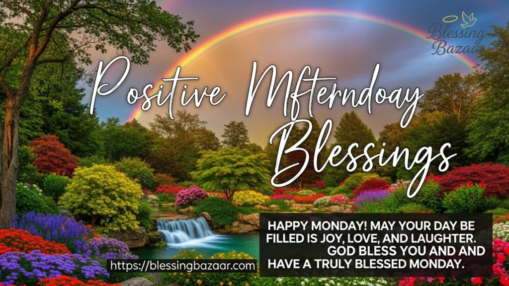A cheerful graphic with the text "Happy Monday Blessings" surrounded by colorful floral designs.