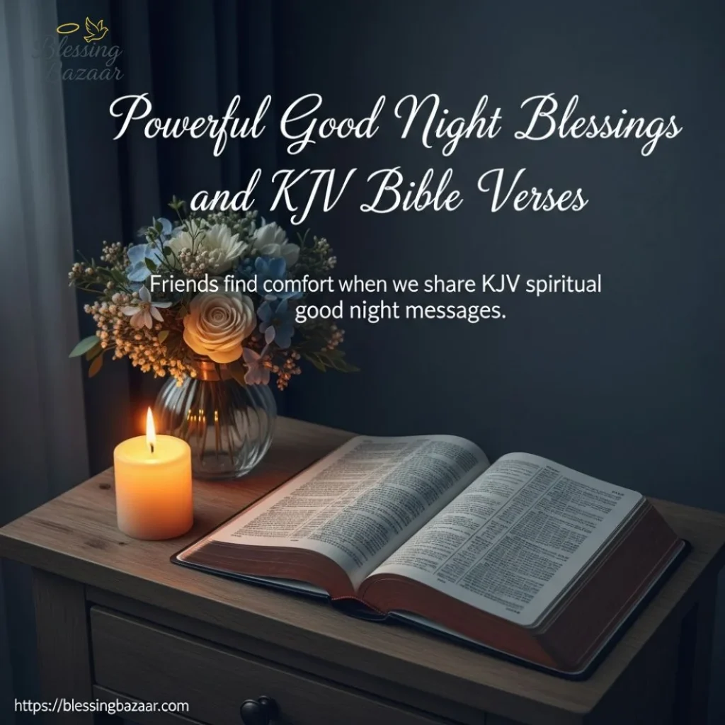 Serene graphic displaying uplifting good night blessings alongside KJV Bible verses for comfort and tranquility.