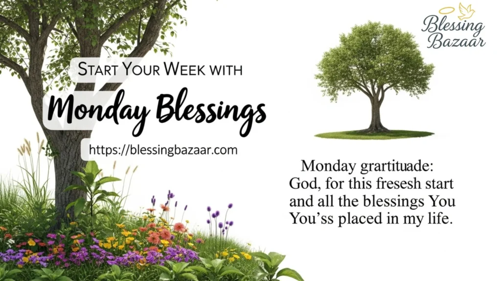 Inspirational text graphic that reads "Start your week with Monday blessings" against a bright, uplifting background.