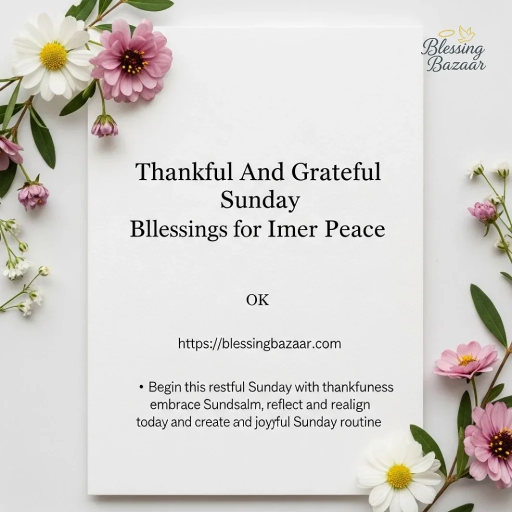 A bouquet of flowers beside a card that reads "Thankful and Grateful, Sunday Blessings for Inner Peace."