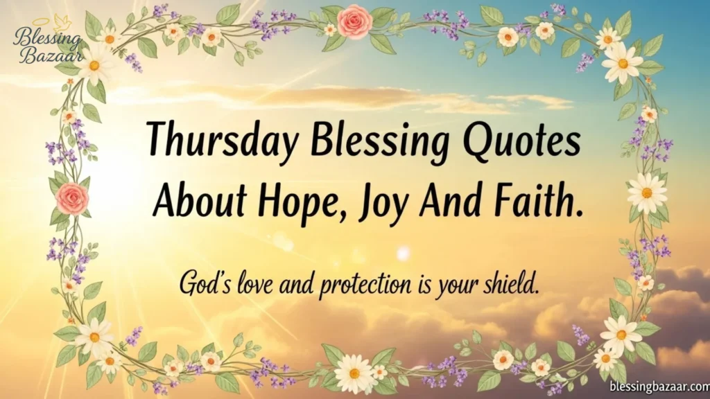Inspirational Thursday blessing quotes emphasizing hope, joy, and faith, with a message that God is your shield