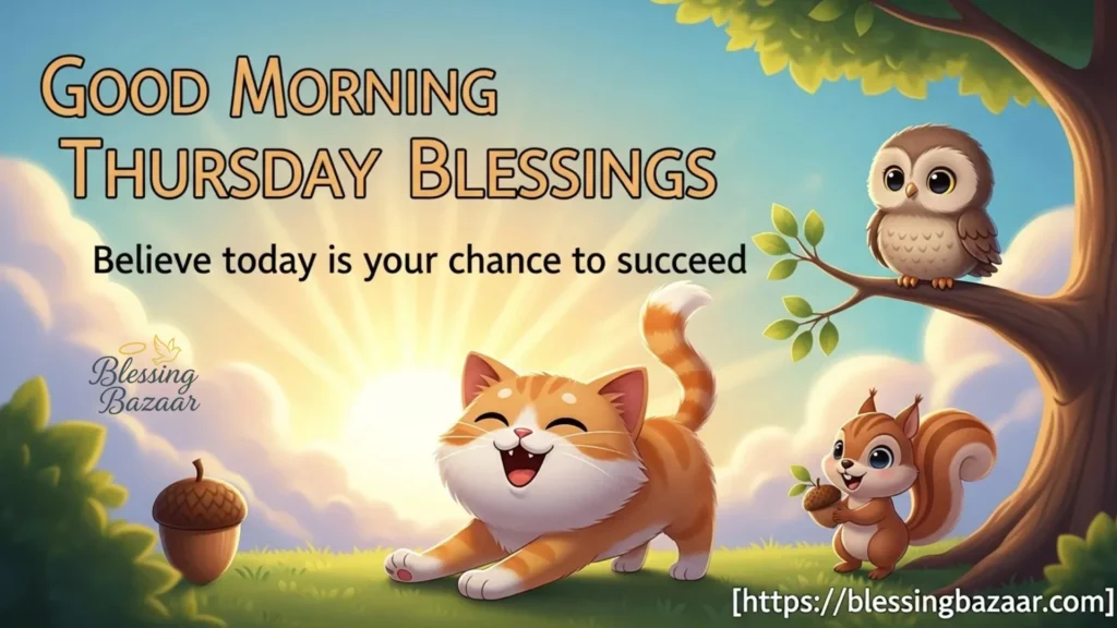 A serene morning scene with the text "Good Morning Thursday Blessings" in elegant font over a soft sunrise background.