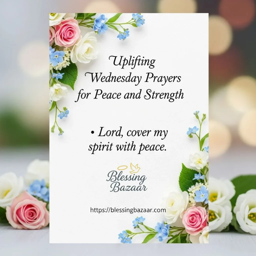 Uplifting Wednesday prayers for peace and strength, featuring serene imagery and calming colors