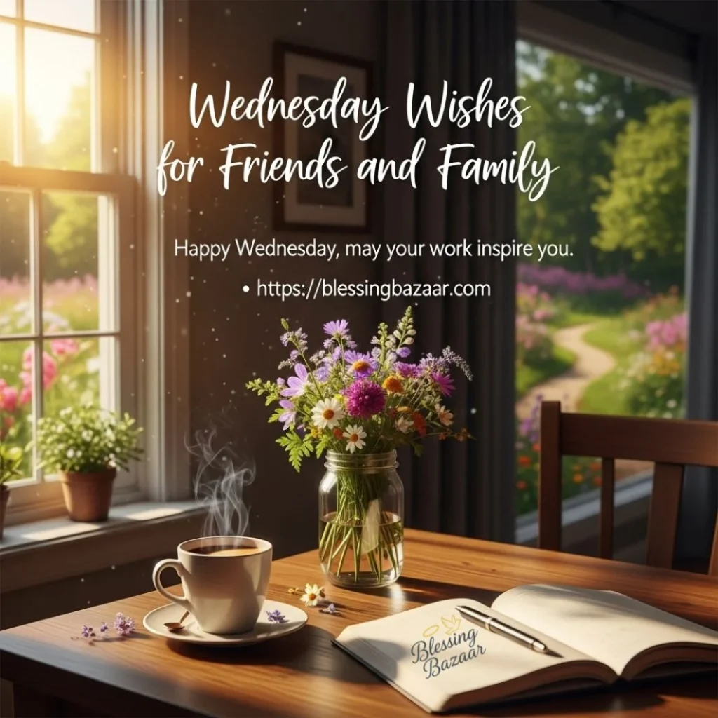 An uplifting image featuring a message of Wednesday wishes for friends and family, adorned with vibrant colors and patterns.