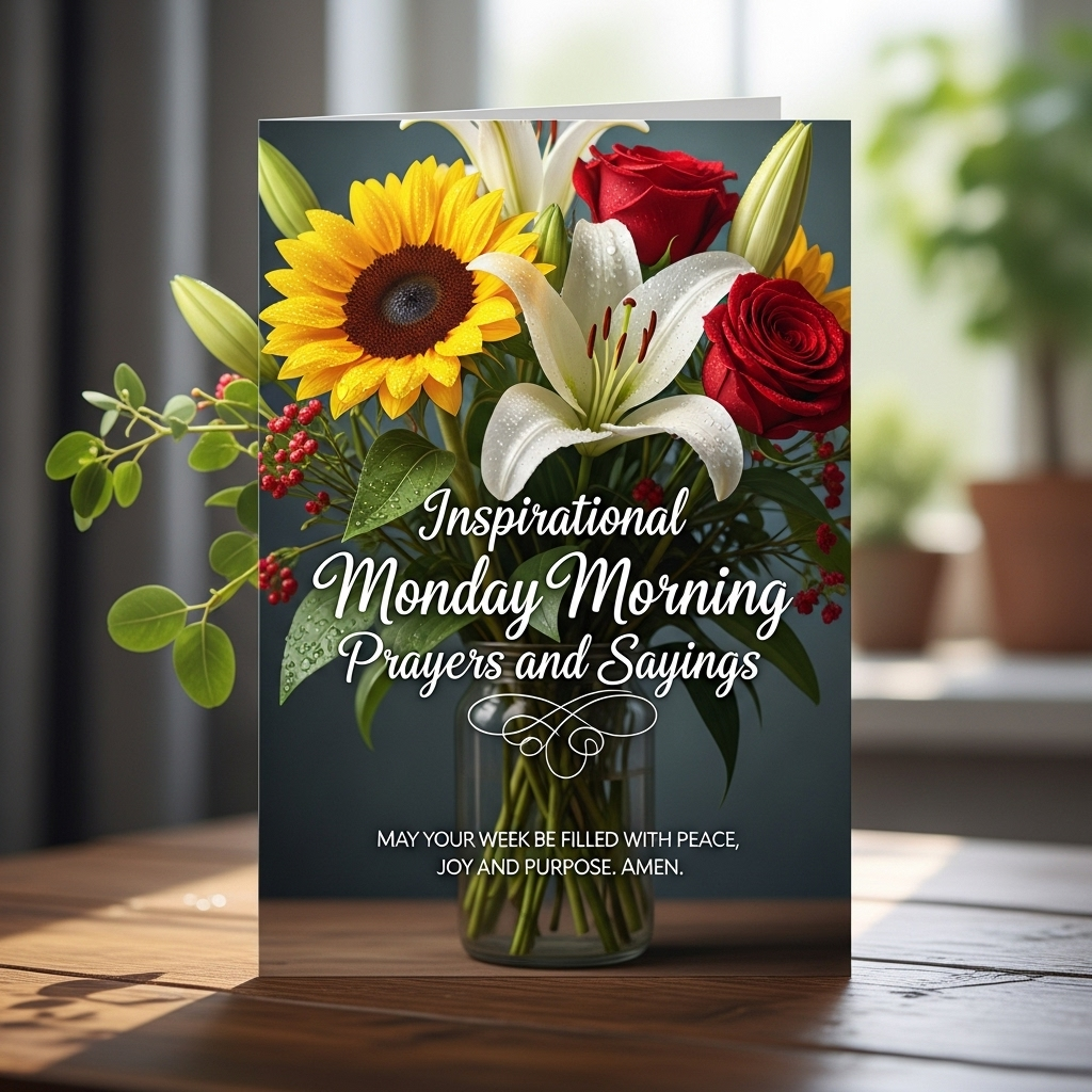 A vase of colorful flowers beside a card that reads "Inspirational Monday Morning Prayers and Spring."