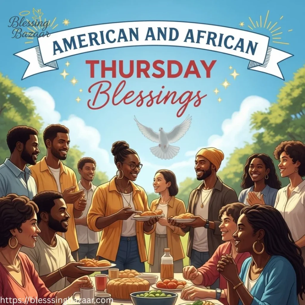 An image depicting a blend of American and African traditions celebrating Thursday blessings with joy and unity.