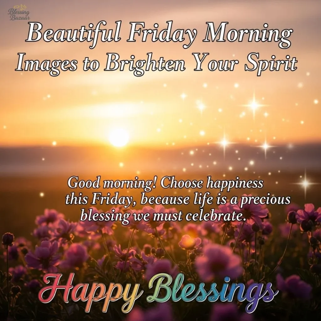 A serene morning scene with uplifting text wishing a beautiful Friday to viewers.