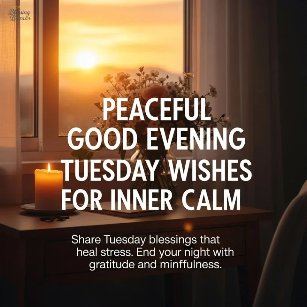 Serene evening scene with calming wishes for a peaceful Tuesday, promoting inner tranquility and relaxation.