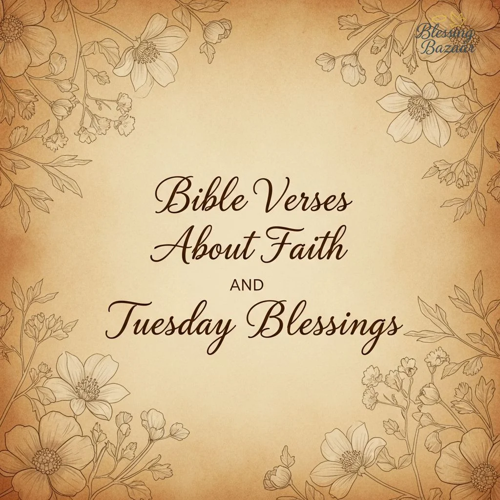 A collection of Bible verses focused on faith and blessings for Tuesday, featuring inspirational text and serene imagery.