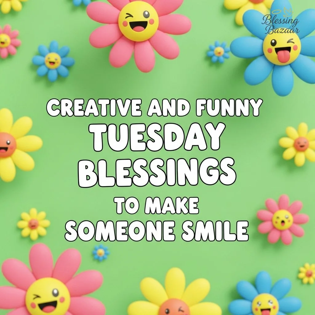 A colorful graphic featuring humorous Tuesday blessings designed to bring joy and smiles to the viewer.