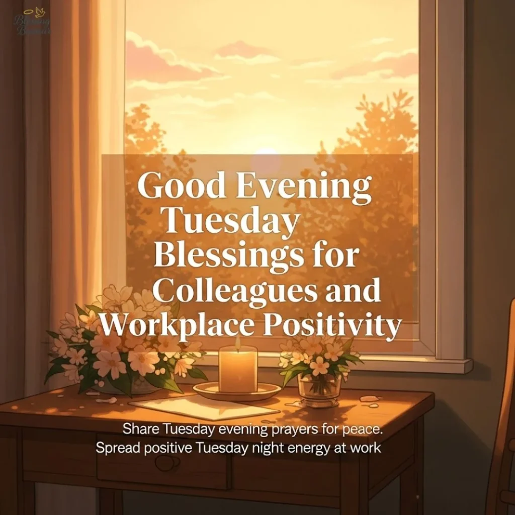 A warm graphic wishing colleagues a good evening with Good Evening Tuesday blessings and promoting positivity in the workplace.