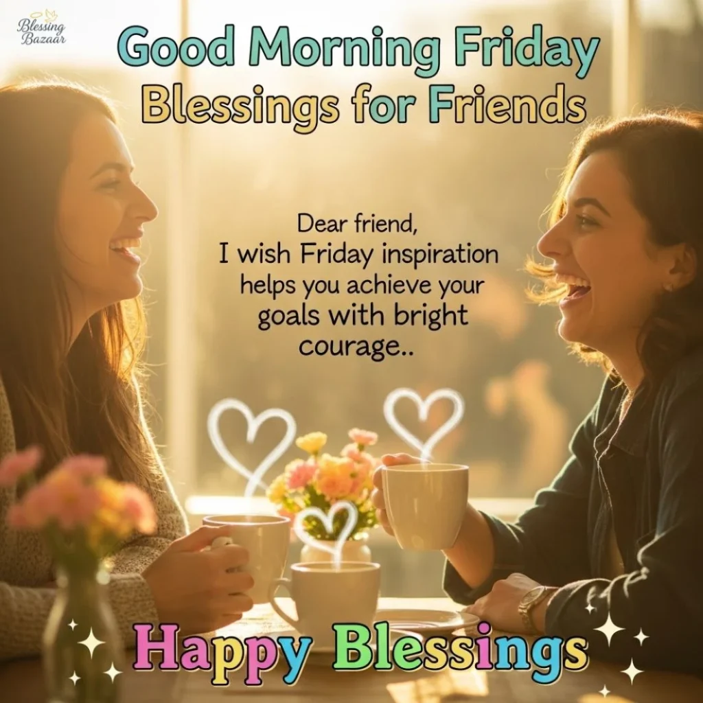 Cheerful graphic wishing friends a good morning and happy Friday with bright colors and playful fonts.