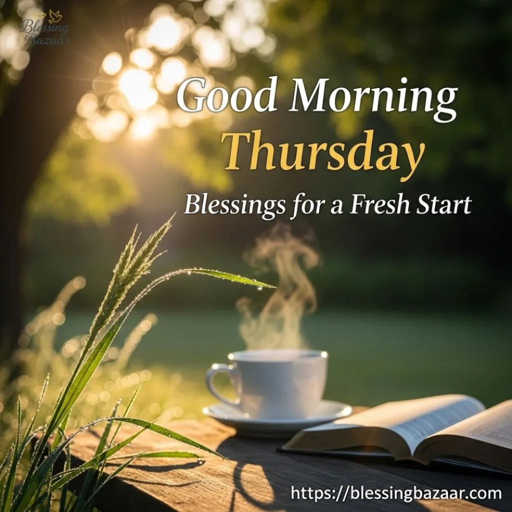 Inspirational image featuring a bright morning with messages of Thursday blessings for a new beginning.