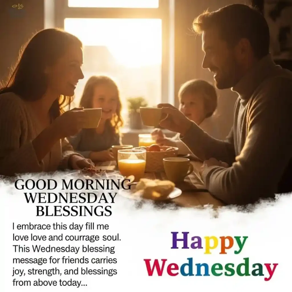 A cheerful graphic displaying the text "Good Morning Wednesday Blessings" with a bright, sunny background.