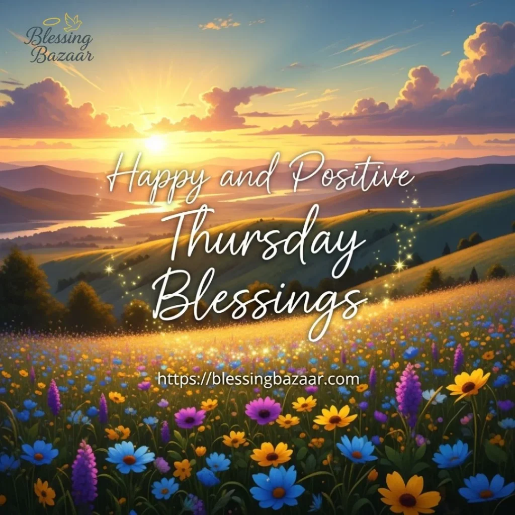 A cheerful graphic wishing everyone a happy Thursday blessings filled with positive blessings and good vibes.