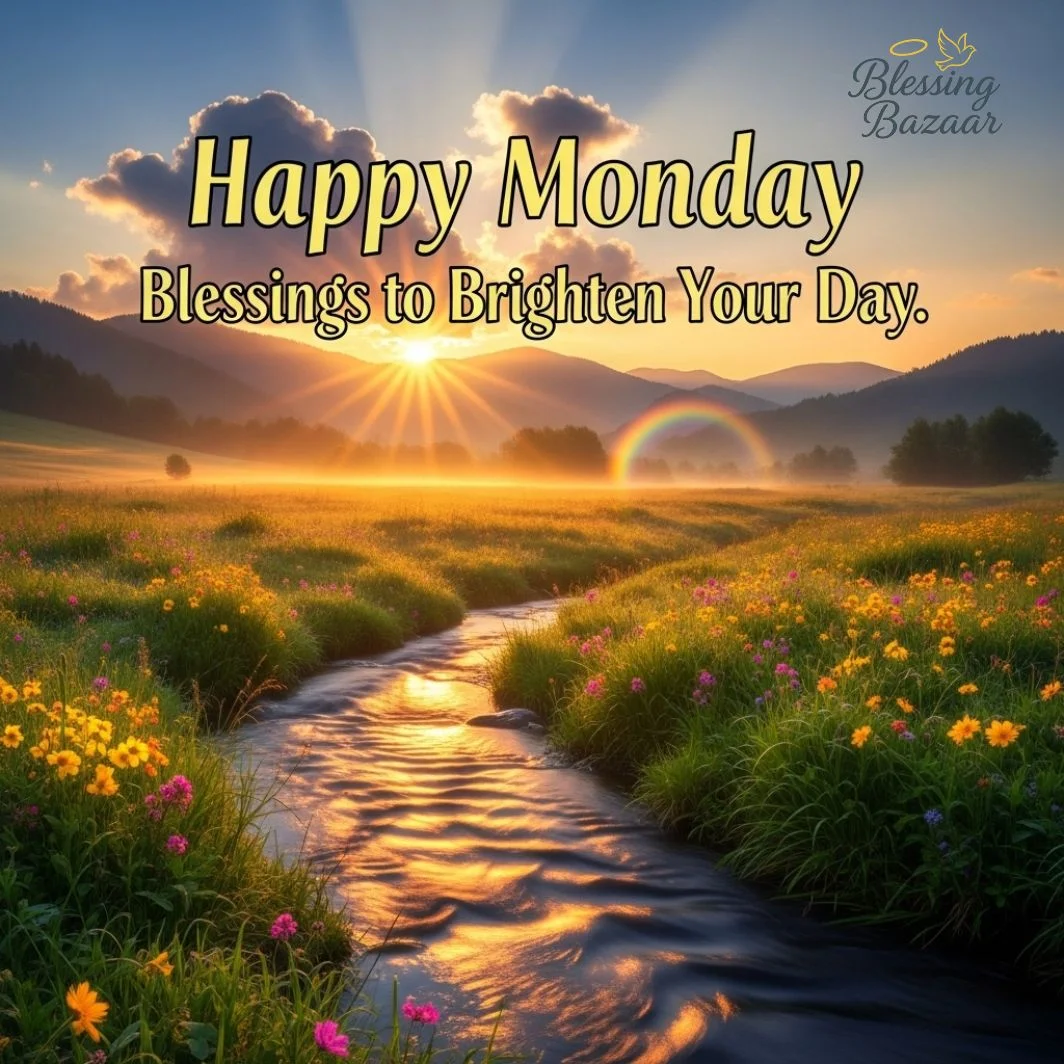 Bright and cheerful graphic wishing "Happy Monday Blessings" with uplifting blessings to enhance your day.
