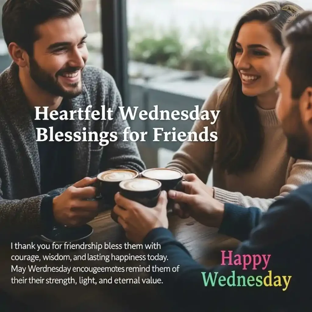 Colorful graphic wishing friends a happy Wednesday blessings with cheerful designs and uplifting messages.