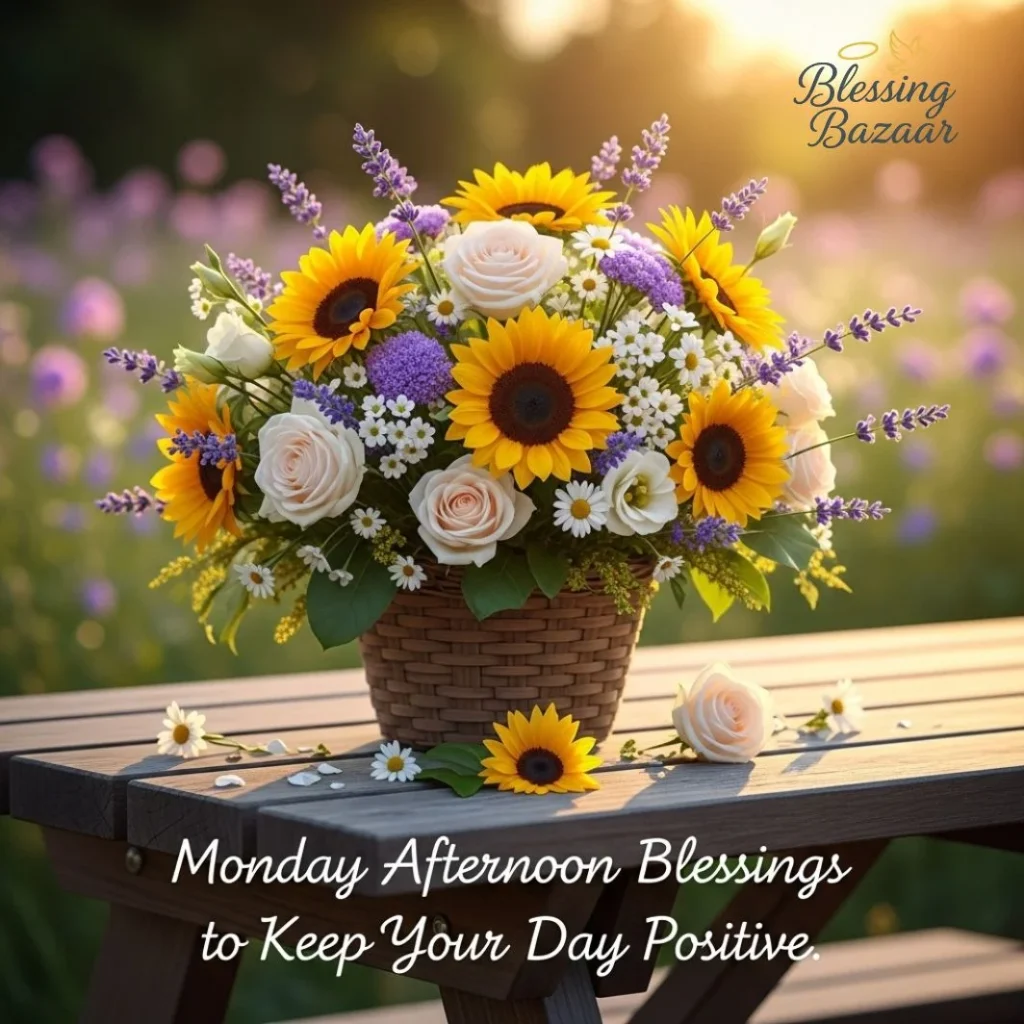 A serene image depicting spiritual symbols and text conveying blessings for a peaceful and uplifting Monday.