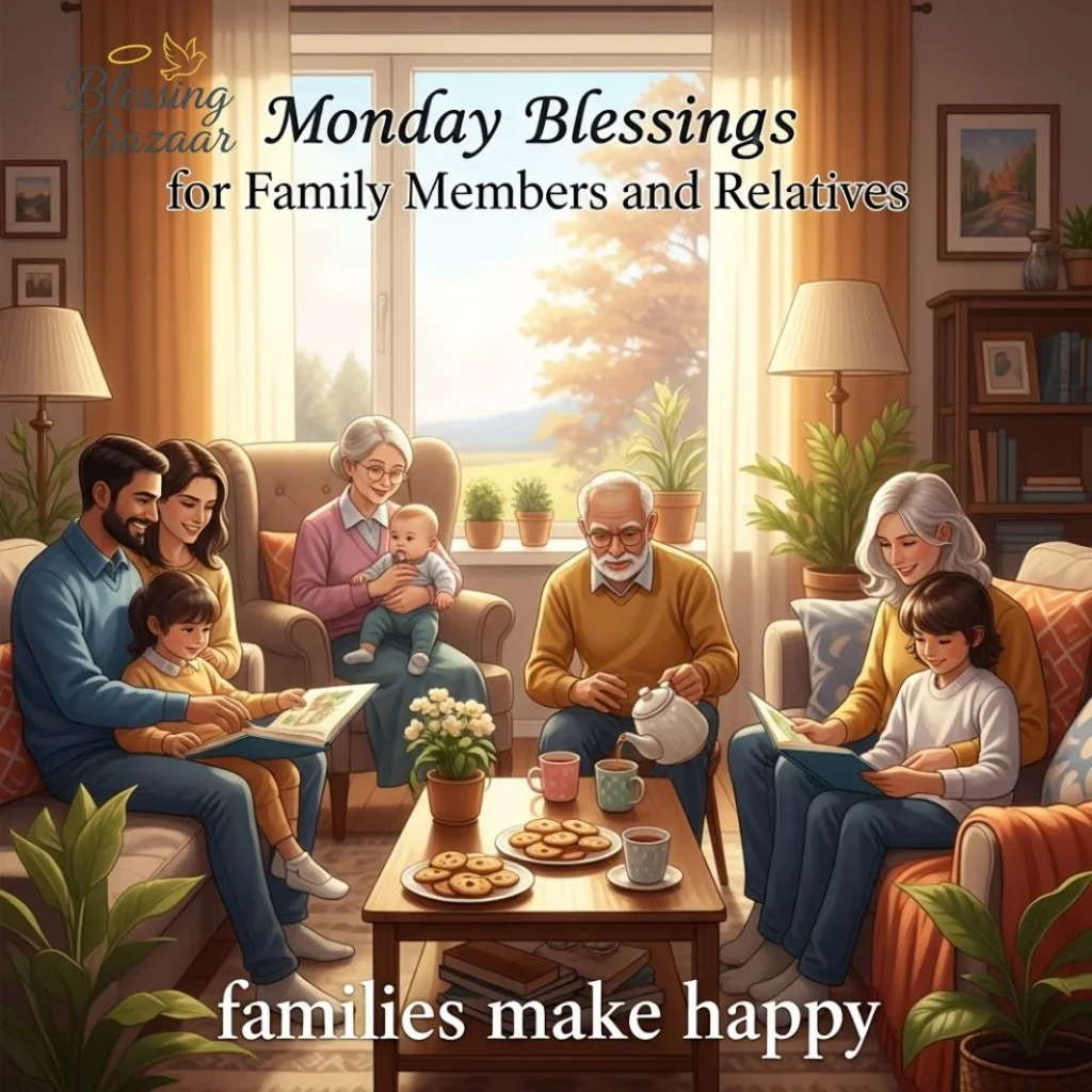 A serene Monday evening scene, radiating blessings and warmth for loved ones gathered together in joy and gratitude.