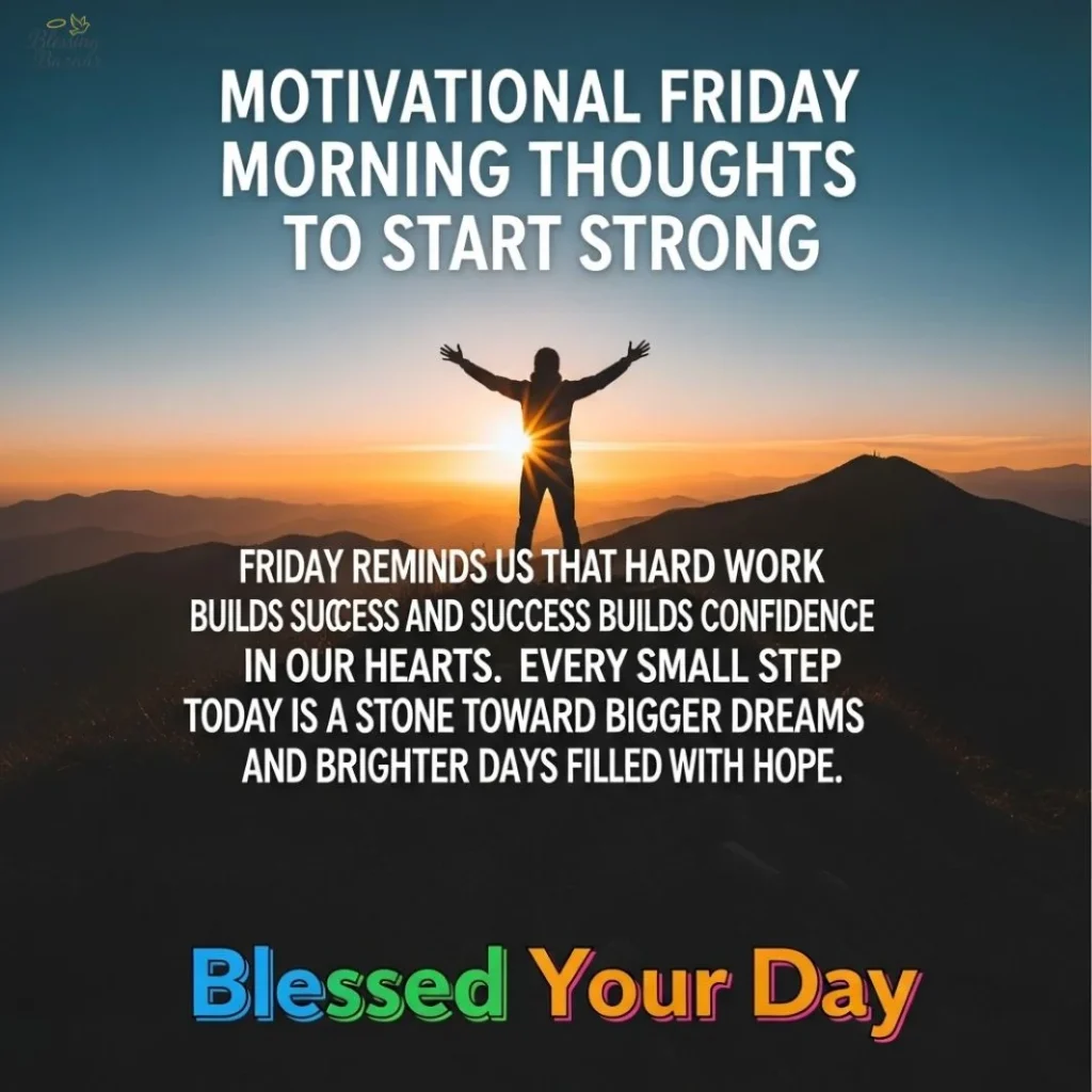 Uplifting Friday morning thoughts displayed visually, aimed at motivating individuals to begin their day with strength and positivity.

