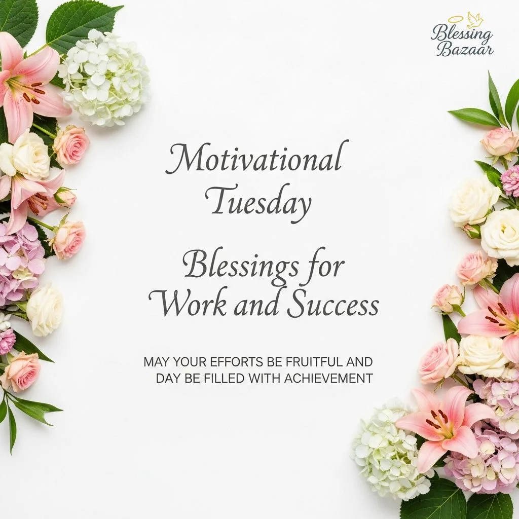 Inspirational graphic featuring motivational quotes for success and blessings in the workplace on a Tuesday.