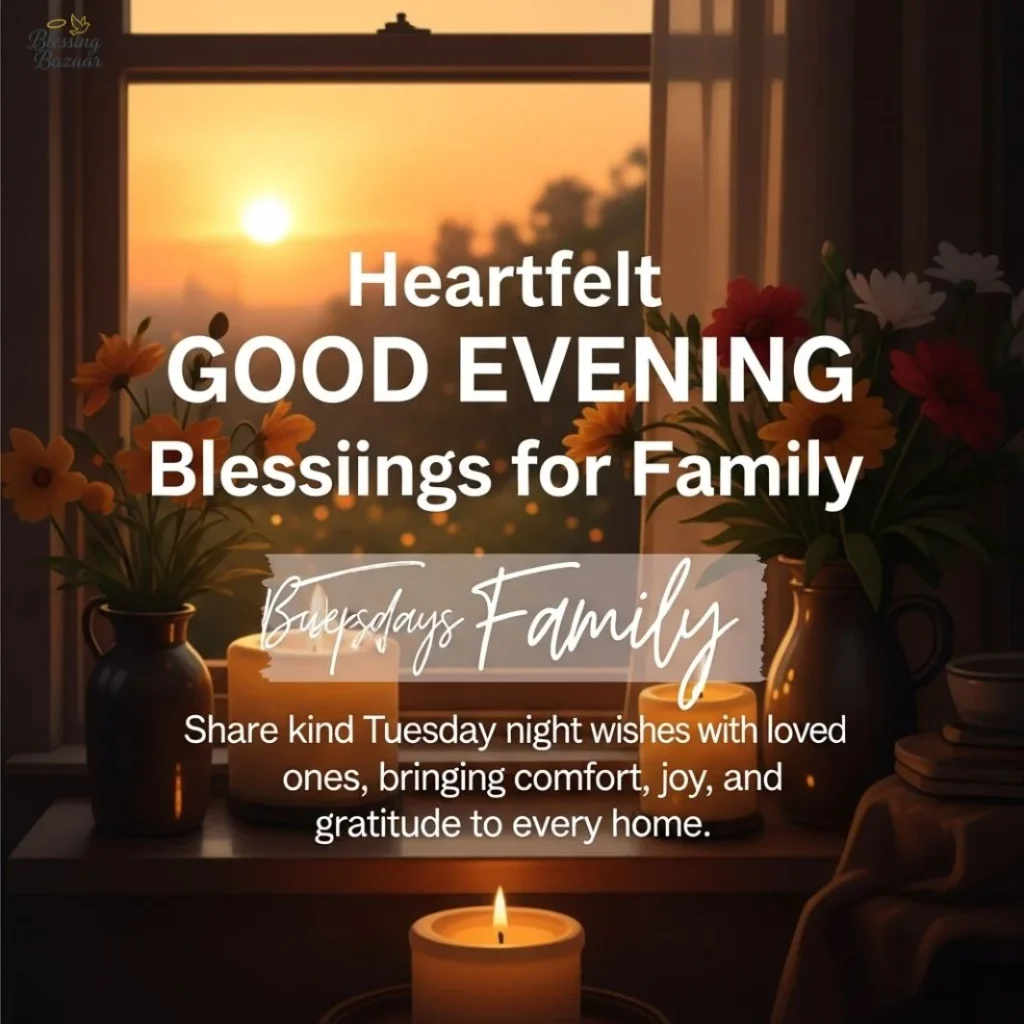 A serene Good evening tuesdy blessings  scene with a family gathered, sharing blessings and love under a warm, glowing sunset.