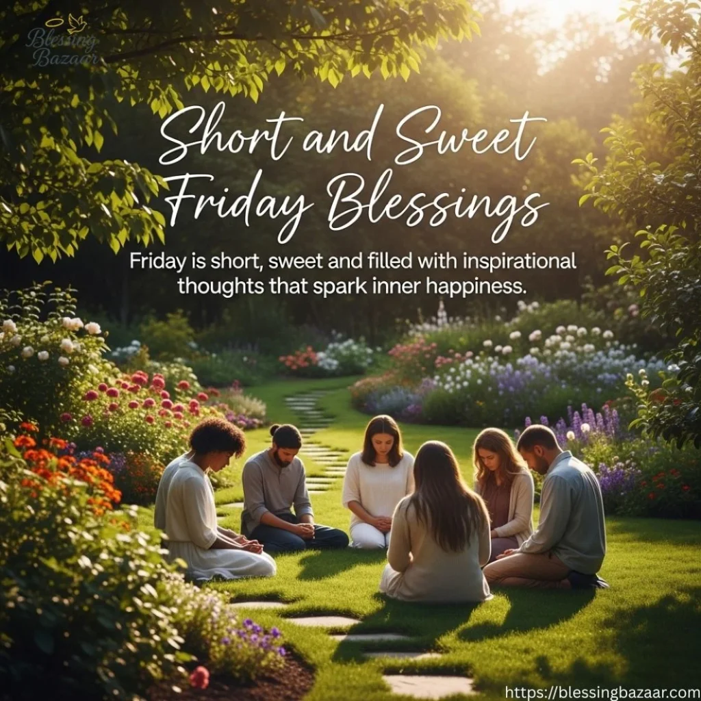 A serene Friday morning blessings scene with soft sunlight filtering through trees, symbolizing blessings and tranquility.