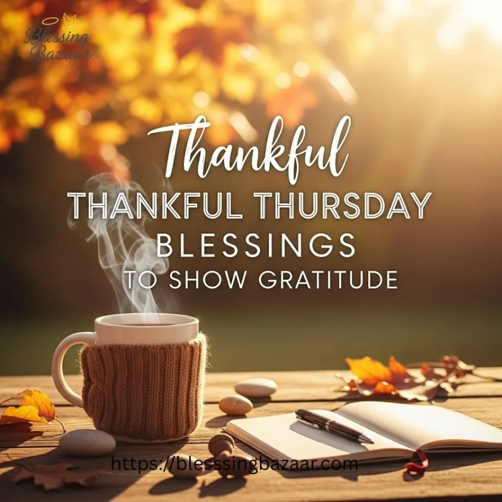 A warm Thanksgiving scene showcasing a table filled with food and a heartfelt message expressing gratitude and blessings.