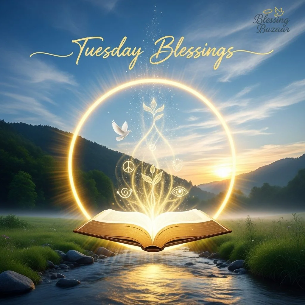 Open book resting by a serene river, symbolizing Tuesday blessings and tranquility in nature.